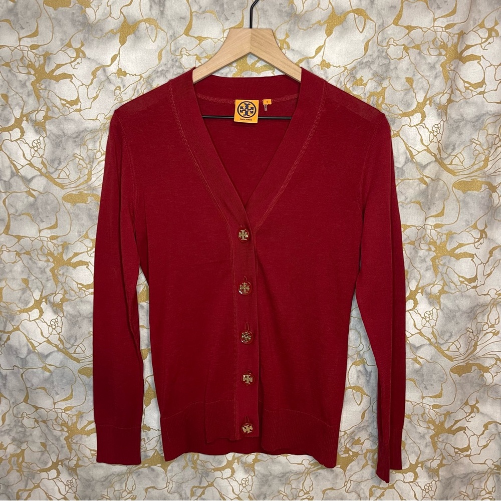 Tory Burch Red Cotton Cardigan Sweater Women's Size S